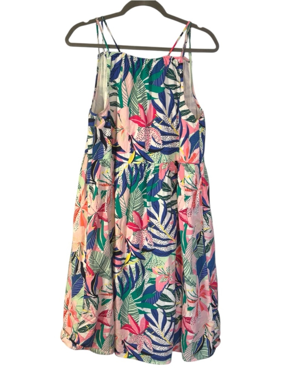 LOFT Tropical Leaf Print Midi Dress Cotton blend Pink Green Blue Size 10